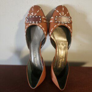 ISABELLA FIORE women shoes ITALY Brown Leather stitched size7.5M kitten heels